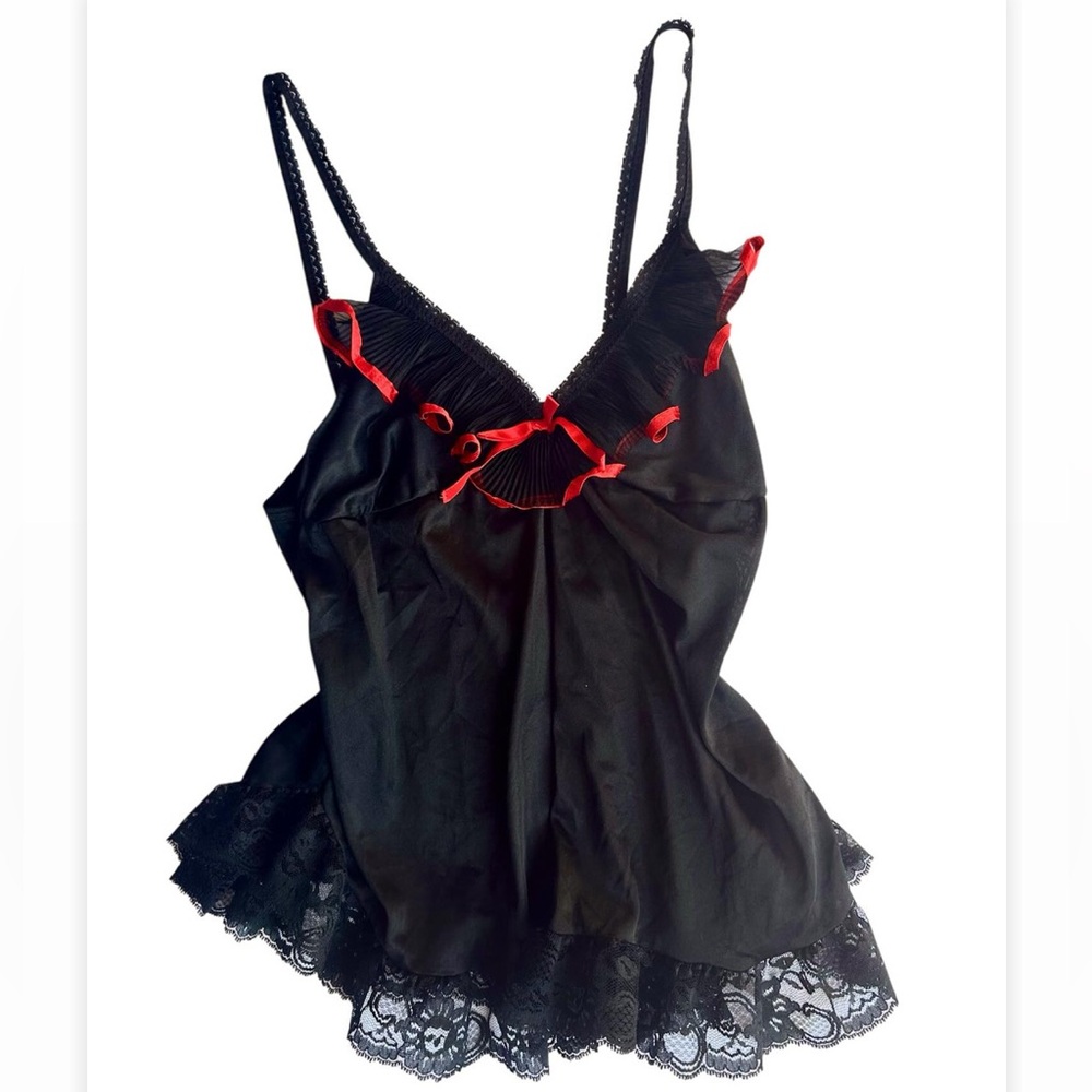 Elegant Black and Red Lace Trim Lingerie Camisole Tank Top with Bow